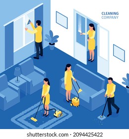 Cleaning company isometric background with team of employees in uniform working with different cleaning gadgets in living room vector illustration