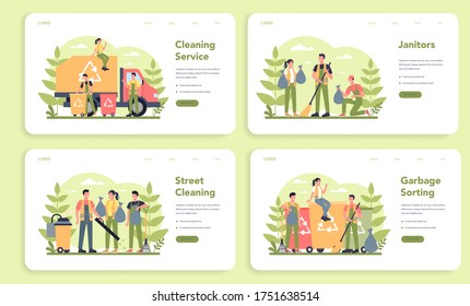 Cleaning company or janitor service web banner or landing page set. Cleaning staff with special equipment. Janitor workers cleaning street and sorting garbage. Isolated flat vector illustration