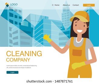 Cleaning Company Landing Page Flat Cartoon Vector Illustration. Woman Cleaner in Uniform and Gloves on Building Background Website Design. Doing Household Chores at House, Office. Smiling Character.