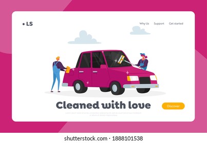 Cleaning Company Landing Page Template. Employees Characters Work. Car Wash Service Concept. Couple of Workers Wear Uniform Lathering Automobile with Sponge and Mop. Cartoon People Vector Illustration