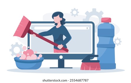 Cleaning company online. Woman with mop on computer screen near basin with soap foam. Cleanliness and hygiene. Household chores and routine. Flat vector illustration isolated on white background