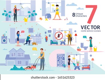 Cleaning Company, Plumber and Disinfection Service Employees Work Scenes Trendy Flat Vectors Set. Worker in Overall Washing Windows, Moving Lawn, Killing Pests, Maid Clean-Up in Room Illustrations