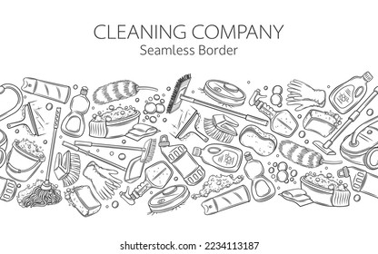 Cleaning company seamless border pattern vector illustration. Hand drawn texture of housekeeping service, domestic supplies and equipment to clean floor of house and office, cleaning detergent