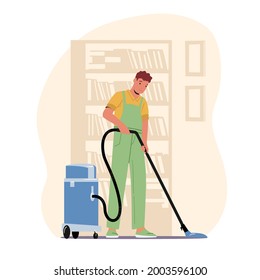 Cleaning Company Service Concept. Male Character, Washing, Sweeping and Mopping Floor with Professional Vacuum Cleaner, Man Wash Room or Hotel, Janitor Occupation. Cartoon People Vector Illustration