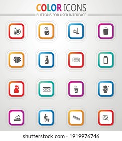 Cleaning company, cleaning service vector flat button icons with colored outline and shadow