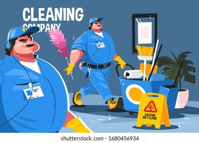 Cleaning company service vector illustration. Professional cleaners in uniform clean office with special tools, equipment and cleaning products flat style concept