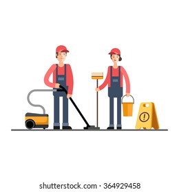 Cleaning company, service. Young cleaner woman and man in uniform. Vector illustration.