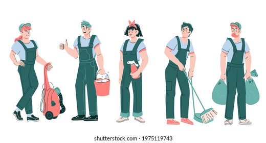 Cleaning company staff cartoon characters - women and men in green uniform overalls with cleaning tools. Cleaners and janitors staff or cleaning service team, cartoon vector illustration isolated.