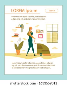 Cleaning Company Staff Character in Uniform Working with Equipment, Woman Professional Janitor Worker Vacuuming and Polishing Floor in Office Hall or Home Apartment. Cartoon Flat Vector Illustration