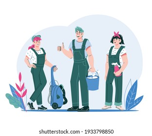 Cleaning company staff characters with cleaning equipment at decorative backdrop, cartoon  flat vector illustration isolated on white background.  Smiling janitor workers  or cleaners standing.