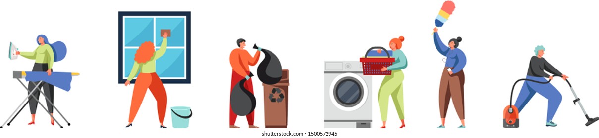 Cleaning Company Staff Cleaner Lady, Janitor Man With House Cleaning Equipment, Vector Flat Isolated Illustration. Window Cleaning, Laundry, Ironing, Dusting, Doing Vacuuming, Garbage Collection.