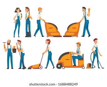 Cleaning Company Staff Collection, Professional Cleaning People Vacuuming, Washing, Sweeping, Mopping the Floor, Male and Female Workers Characters Dressed in Uniform Vector Illustration