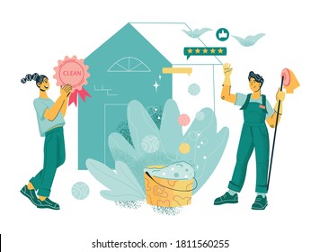 Cleaning company staff finished to clean a house. Banner for cleaning service and household staff hiring with cartoon cleaners or janitors characters, flat cartoon vector illustration.