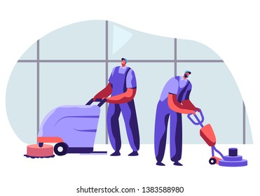 Cleaning Company Staff Male Characters in Uniform Working with Equipment and Friendly Smiling, Professional Janitor Workers Vacuuming and Polishing Floor in Office. Cartoon Flat Vector Illustration