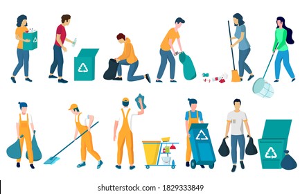 Cleaning company staff, male, female character set, flat vector isolated illustration. Cleaner lady, janitor man with home cleaning equipment. Floor and window washing, dusting, garbage collection.