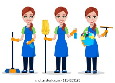 Cleaning company staff in uniform, set of three poses. Woman cartoon character cleaner with brush, with broom and sprayer and with scraper and bucket full of detergents. Vector illustration.