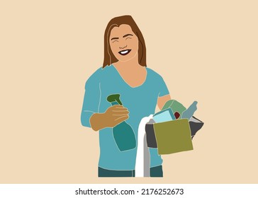 Cleaning company staff in uniform, set of two poses. Woman cartoon character cleaner with thumb up gesture and with bucket full of detergents. Vector illustration.
