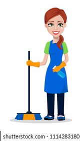 Cleaning company staff in uniform. Woman cartoon character cleaner with broom and sprayer. Vector illustration on white background