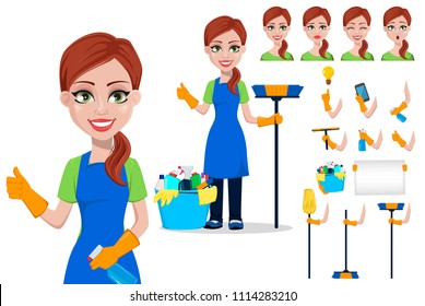 Cleaning company staff in uniform. Woman cartoon character cleaner, set. Pack of body parts, emotions and equipment. Vector illustration.