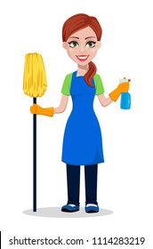 Cleaning company staff in uniform. Woman cartoon character cleaner holding mop and sprayer. Vector illustration on white background