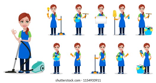 Cleaning company staff in uniform. Woman cartoon character cleaner, set of eleven poses. Vector illustration on white background