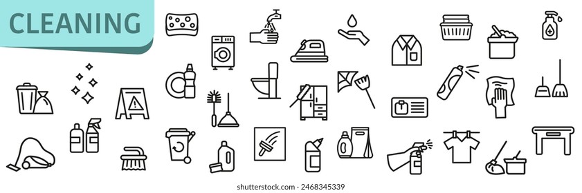 Limpieza. Iconos de símbolo de empresa de limpieza. Conjunto de Vectores lineales sobre el tema de limpieza. EPS 10.