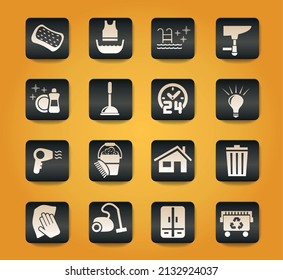 cleaning company symbols on black buttons on yellow background