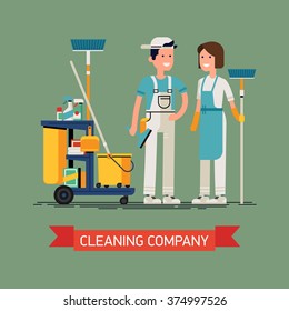 Cleaning company vector concept design. Cleaning staff characters with cleaning equipment in trendy flat design. Friendly smiling adult janitor workers standing