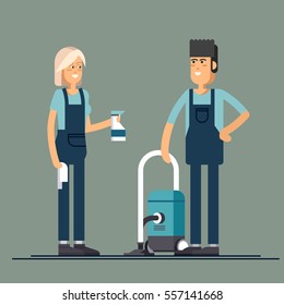 Cleaning company vector concept design. Cleaning staff characters with cleaning equipment in trendy flat design. Friendly smiling janitor workers standing. Professional housekeeper