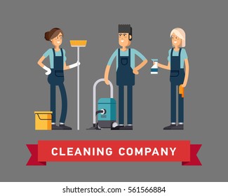 Cleaning company vector concept design. Cleaning staff characters with cleaning equipment in trendy flat design. Friendly smiling janitor workers standing. Professional housekeeper