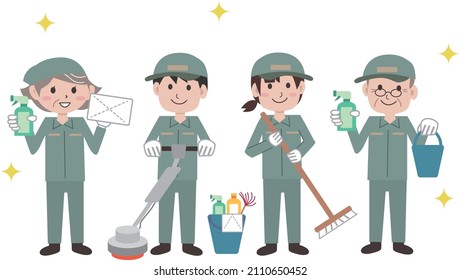Cleaning company wearing work clothes for men and women of all ages
