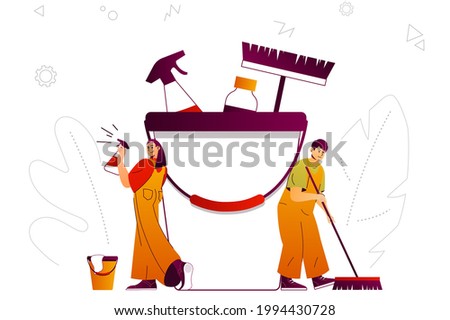 Cleaning company web concept. Cleaners team provides housekeeping services. People scene with flat line characters design for website. Vector illustration for social media promotional materials