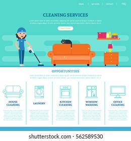 Cleaning company web page template with different services in flat style vector illustration
