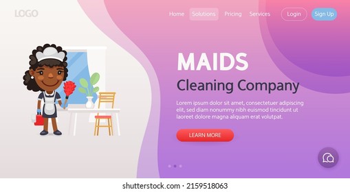 Cleaning Company website template. Illustration of a cartoon maid cleaning the room. Employee in uniform. Composition with a professional woman. Flat female character.