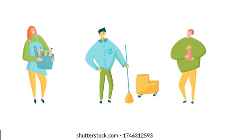 Cleaning company workers with bucket, cart and chemical supplies. Vector illustration for housekeeping company website or advertisemnt.