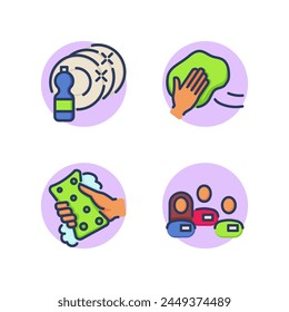 Cleaning company workers line icons set. Cleaning service, maid, team, company, washing dishes, rag, sponge, foam. Calling cleaning company concept. Vector illustration for web design and apps