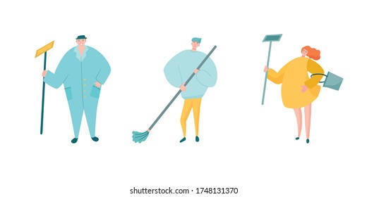 Cleaning company workers in uniform and overalls, with mop and broom. Vector illustration for housekeeping company website or advertisement.