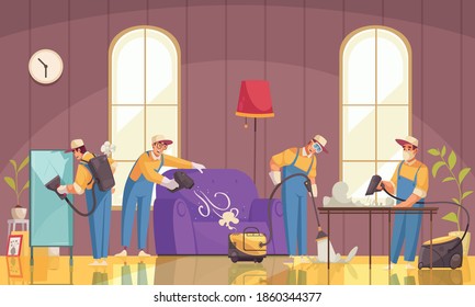 Cleaning composition with flat characters of cleaners in uniform working in domestic scenery with luxury furniture vector illustration