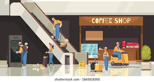 Cleaning composition with professional team of cleaners doing job in shopping mall with coffee shop displays vector illustration