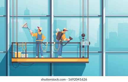 Composición de limpieza con vista a edificios altos y grupo de trabajadores limpiando ventanas en la ilustración vectorial colgante