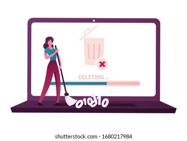 Cleaning Computer Space, Deletion of Secret Information and Docs. Tiny Female Character Sweeping Binary Code on Keyboard of Huge Laptop with Litter Bin on Desktop Screen. Cartoon Vector Illustration