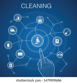 Cleaning concept, blue background.broom, trash can, sponge, dry cleaning icons