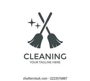 Concepto de limpieza. Equipo y herramientas para limpiar el diseño del logo. Hogar, servicios de limpieza, amas de casa, concepto. diseño vectorial e ilustración.
