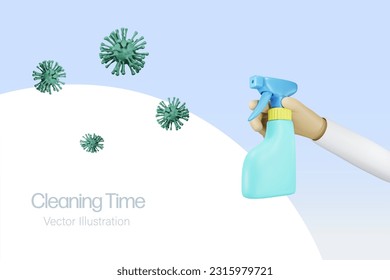 Cleaning concept. Hand holding spray bottle spraying on virus diseases. Cleaning house to protect from diseases. 3D vector. 