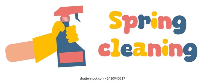 Cleaning concept. A hand in a rubber glove holds a cleaning spray. spring cleaning. Vector illustration