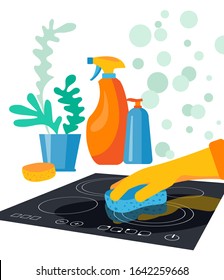 Cleaning concept. Hellow gloved hand cleaning electric hob with sponge in kitchen. Vector illustration in flat style