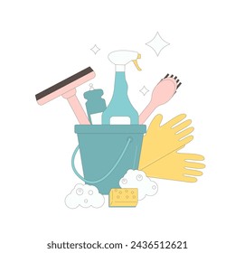 Cleaning concept isolated on white background. Season wash home supplies composition. Vector flat with outline illustration.
