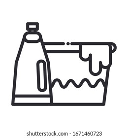 Cleaning concept, plastic basin with detergent bottle. Domestic hygiene vector illustration, line style icon.