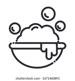Cleaning concept, plastic basin for washing with foam bubbles. Domestic hygiene vector illustration, line style icon
