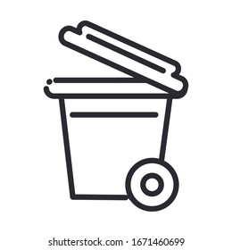 Reinigungskonzept, Kunststoffabfalldose mit Kappe und Rädern.  Vektorillustration zur häuslichen Hygiene, Strichsymbol.